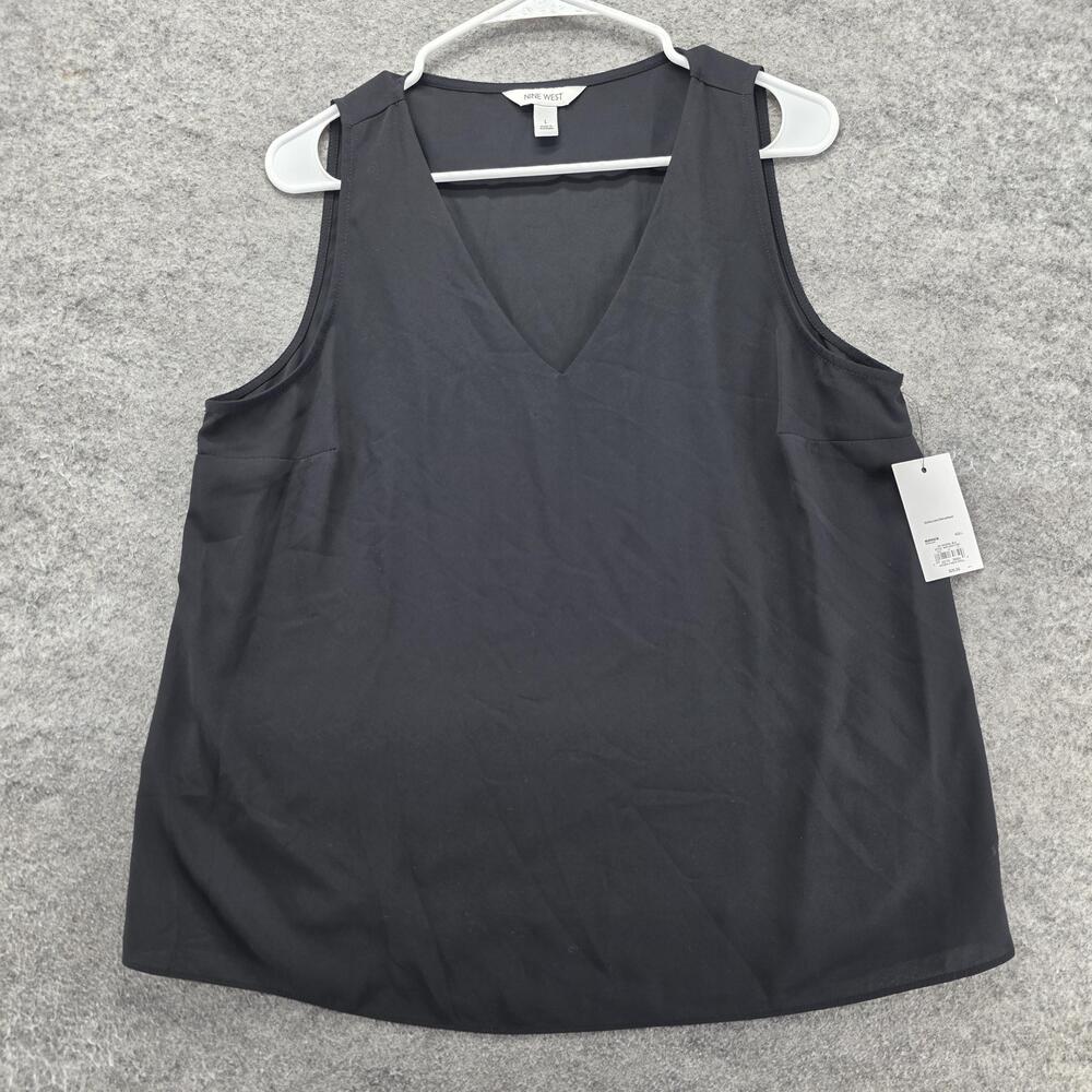 Nine West Blouse Womens L Black V-Neck Sleeveless Lined Basic Workwear